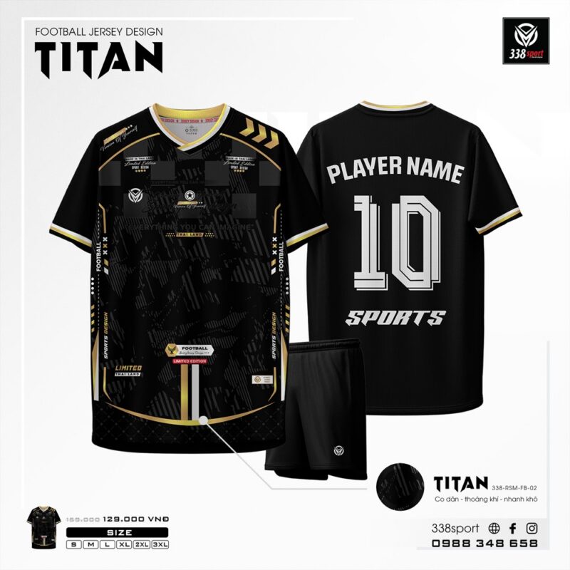 Mẫu Áo Bóng Đá Không Logo TITAN Màu Đen Phối Vàng Đồng