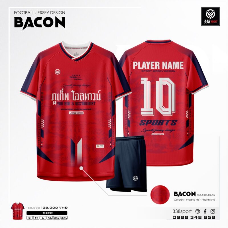 Áo Bóng Đá Không Logo BACON Màu Đỏ Thể Thao