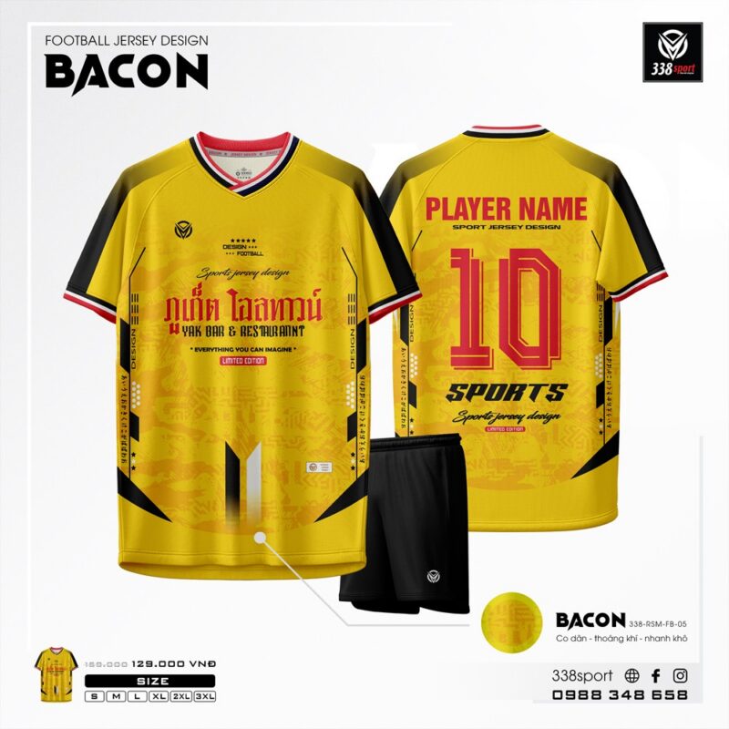 Bộ Áo Bóng Đá Không Logo BACON Vàng Thiết Kế Mới