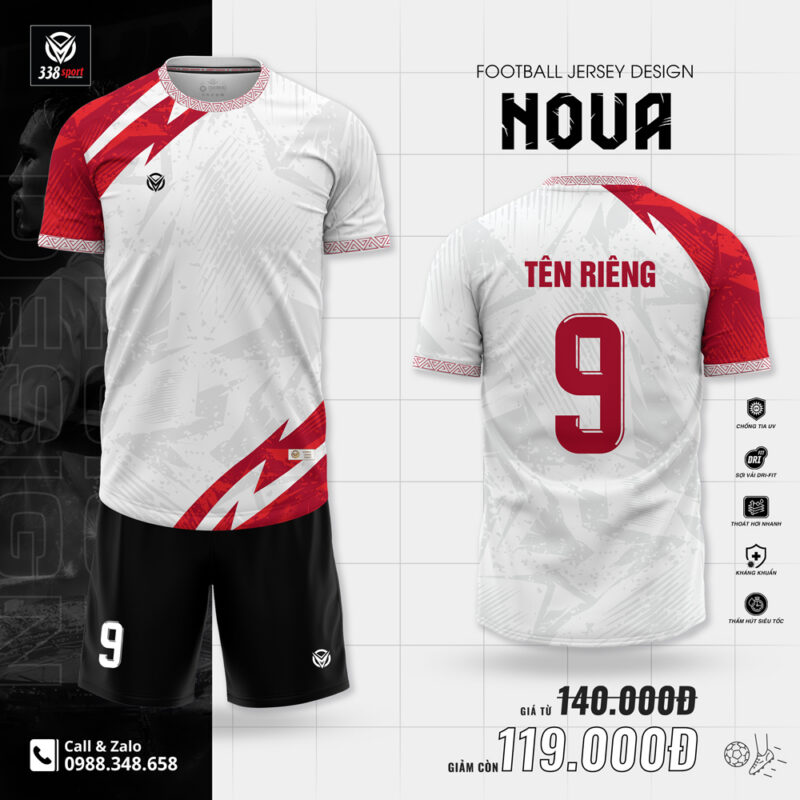 Bộ Quần Áo Bóng Đá Không Logo Mẫu Reup Nova Màu Trắng Đỏ