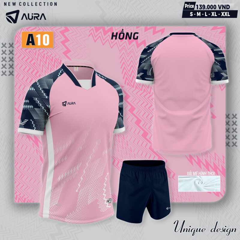 Áo Bóng Đá Không Logo AURA A10 Màu Hồng Nhạt – Phối Xanh Navy