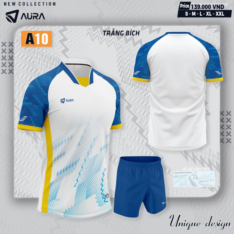 Áo Không Logo AURA A10 Trắng Xanh Viền Vàng - Thiết Kế Thể Thao Hiện Đại