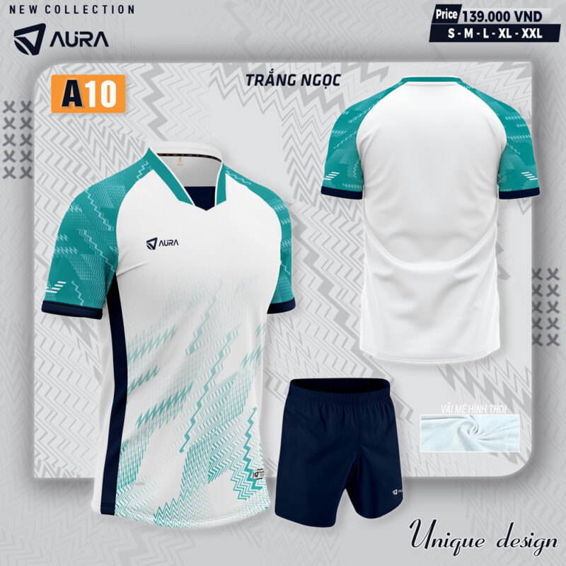 Áo Bóng Đá Không Logo AURA A10 – Trắng Ngọc Xanh Nhạt