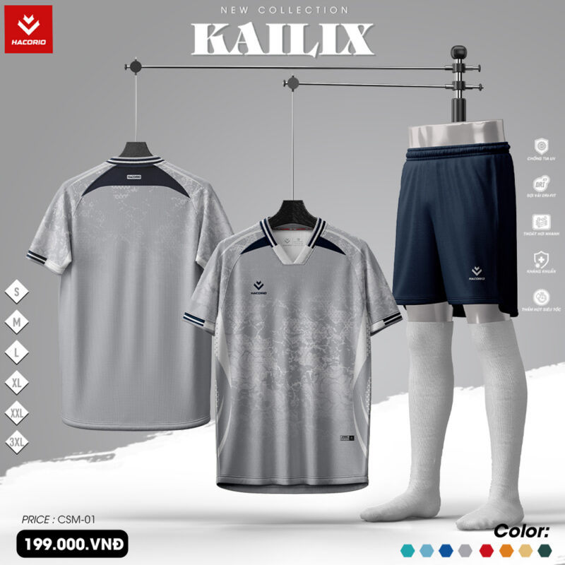 Áo Bóng Đá KAILIX Xám Bạc Điểm Nhấn Navy – Chất Liệu Dry-fit, Chống UV